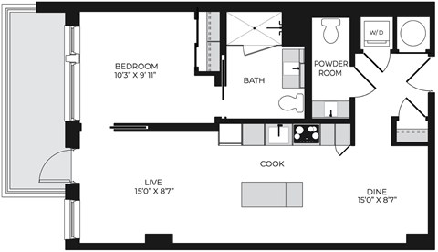 Floor plan for 1 bed, 1.5 baths, 708 sqft